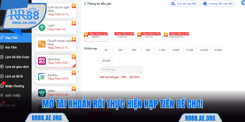 Mở tài khoản rồi thực hiện nạp tiền để chơi