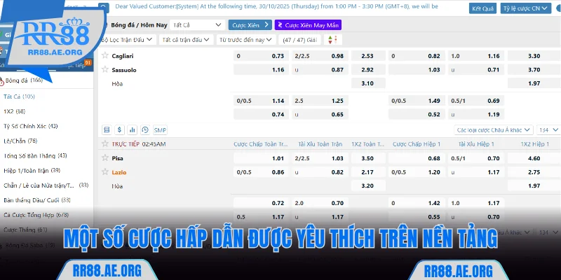 Một số cược hấp dẫn được yêu thích trên nền tảng