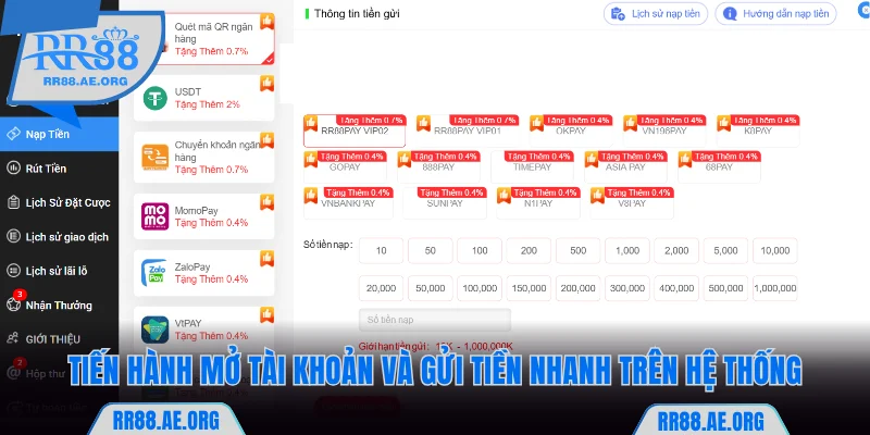 Tiến hành mở tài khoản và gửi tiền nhanh trên hệ thống